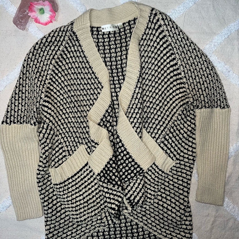 Retrod Boho Beige/Black Knit Open Cardigan Sweater Size Small